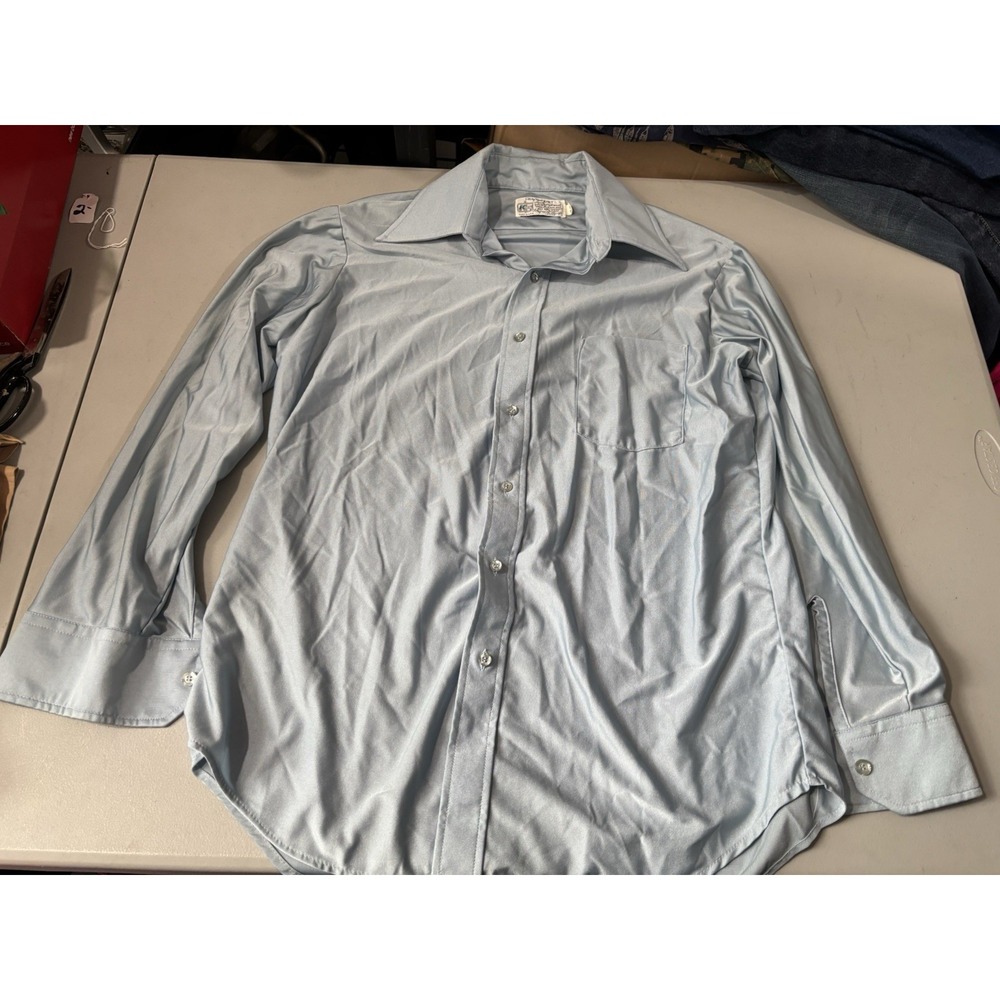 Vtg 70's BMen's Qiana Nylon Baby Blue Hippie DISCO Party Shirt L Kmart